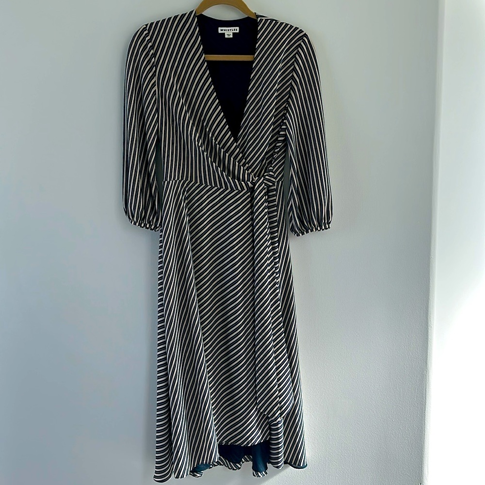 Whistles Navy & White Stripes Wrap Dress Size 6